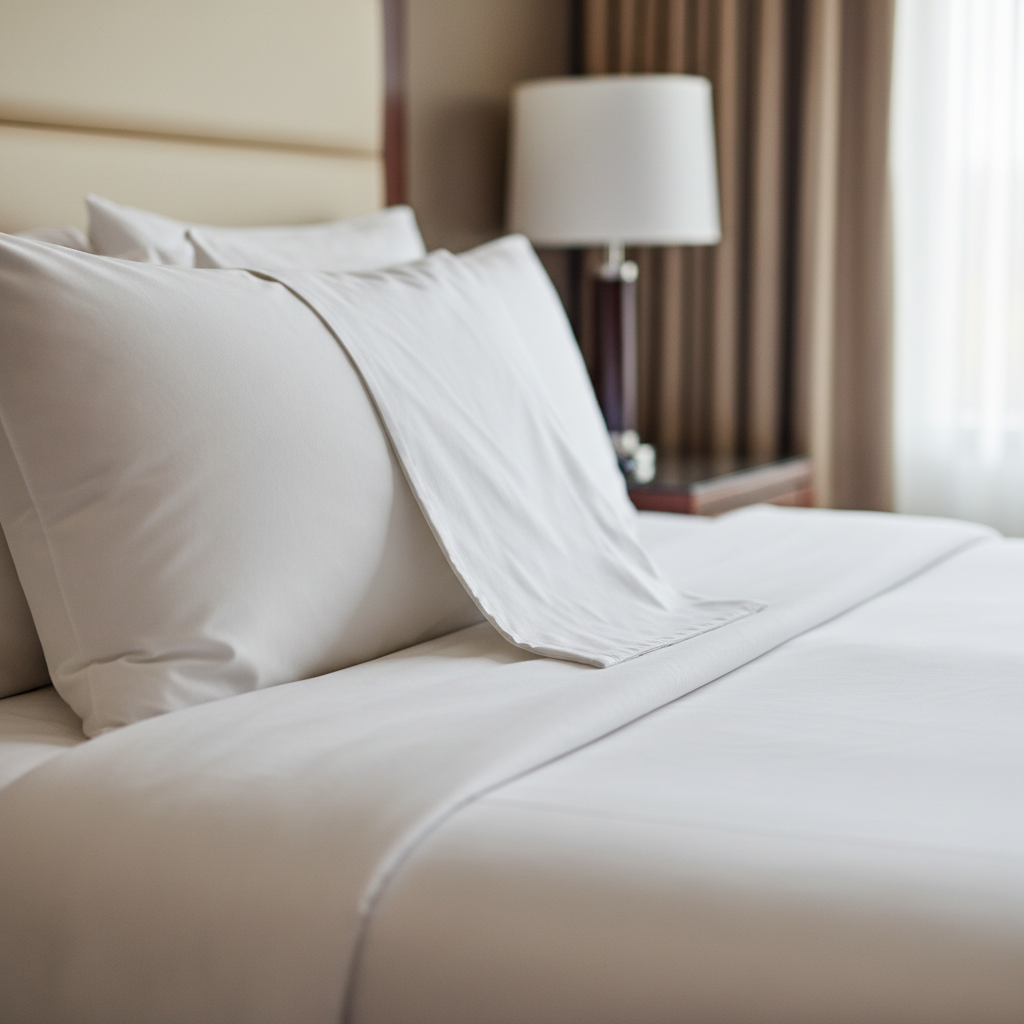 Weiße Kopfkissenbezüge aus Baumwollperkal auf perfekt gemachtem Hotelbett mit gut sitzenden Kissen