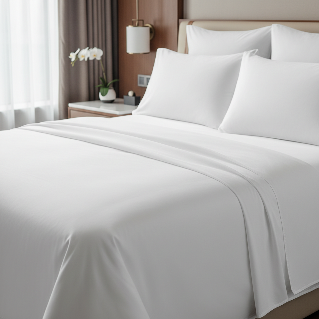 Lenzuola in microfibra per hotel perfettamente tese su un letto di camera d'hotel senza grinze visibili