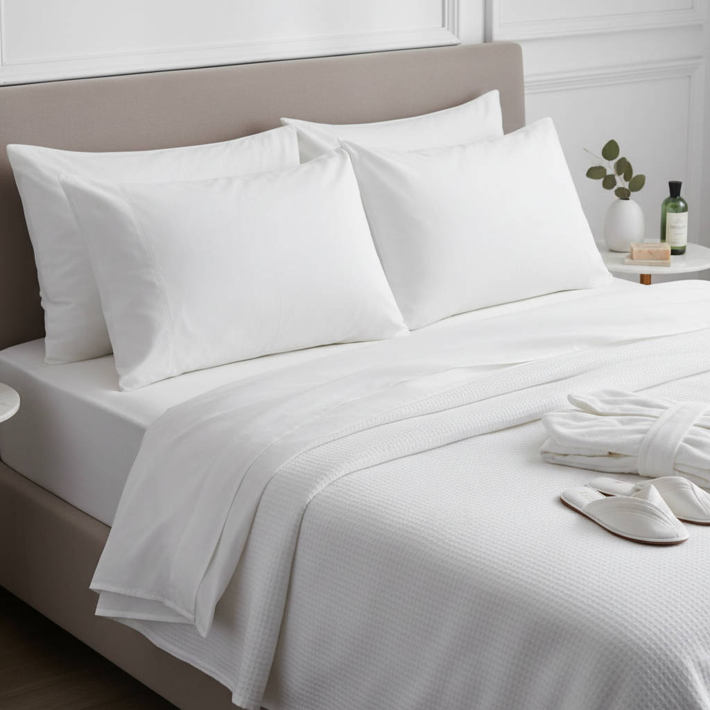 Letto di affitto turistico con lenzuola bianche ben rifatte e design moderno in un appartamento per affitti brevi