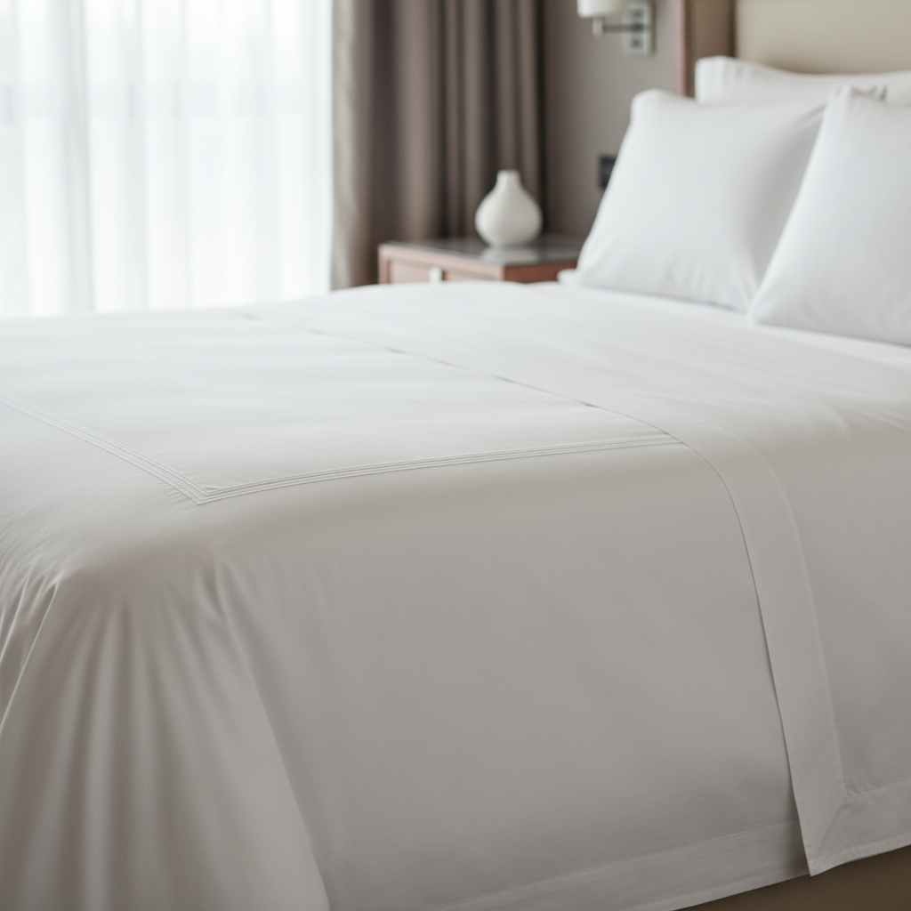 Letto di hotel 5 stelle con lenzuola in cotone egiziano bianche perfettamente stirate e cuscini di lusso