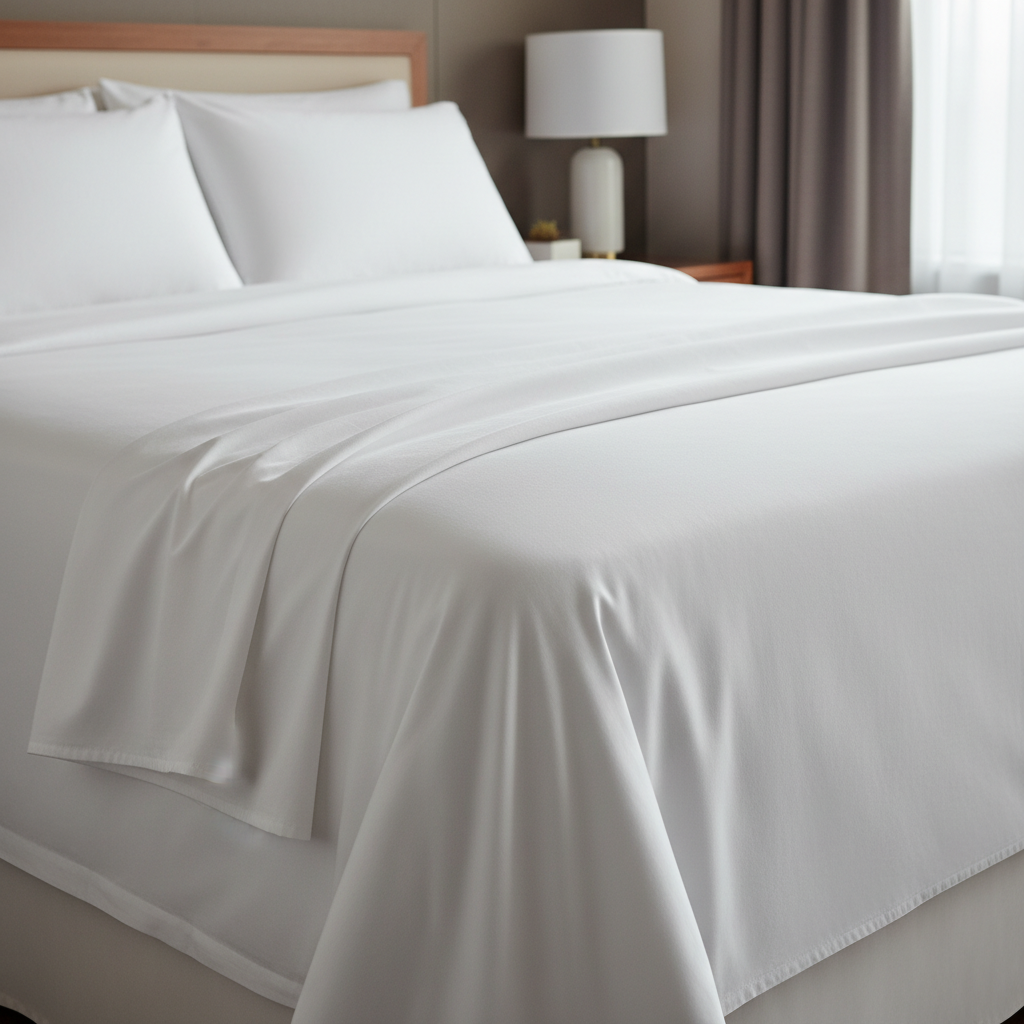  Lenzuolo sopra per hotel in percalle di cotone bianco con orlo a punto sfilato sul letto di una camera d'hotel di categoria