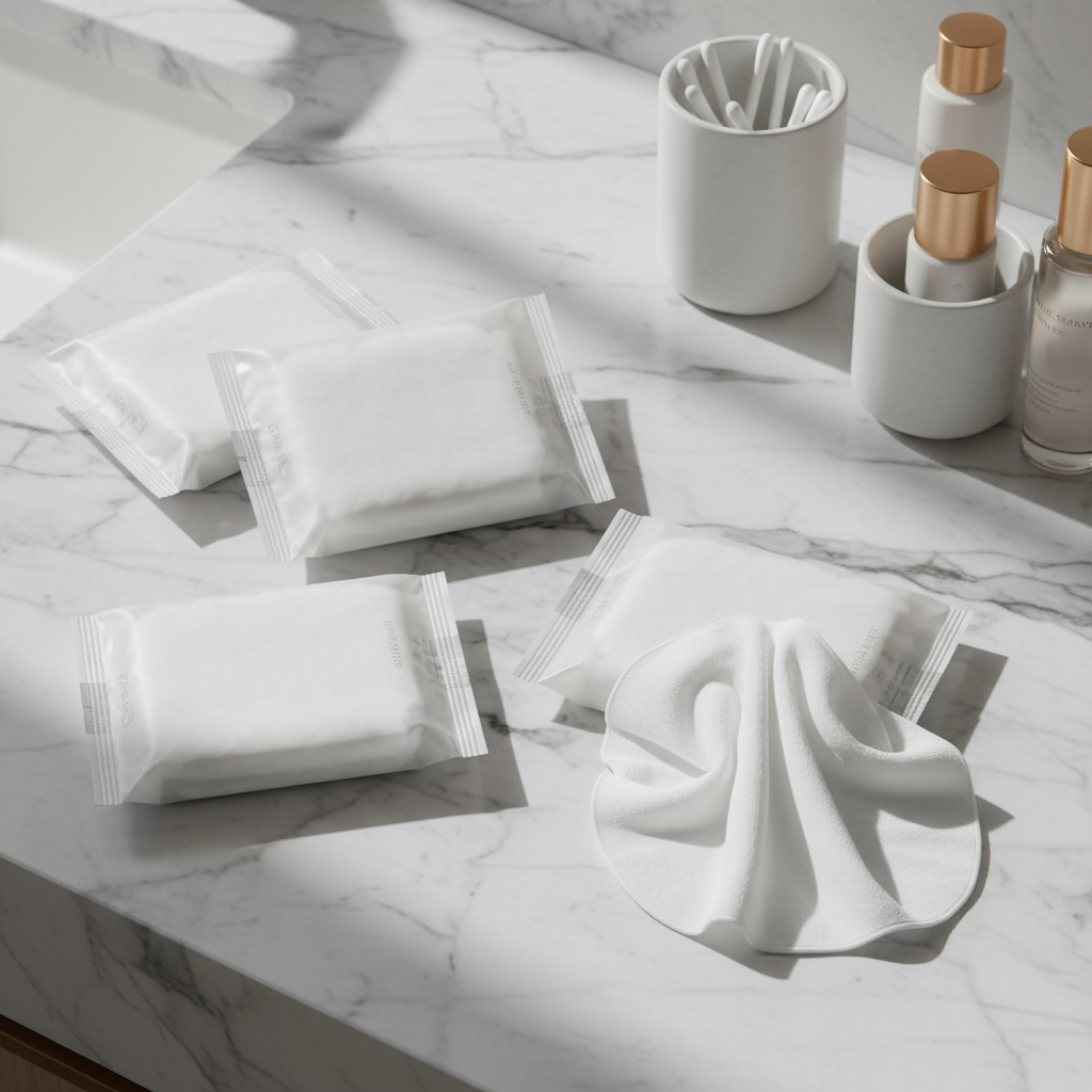 Lingettes démaquillantes pour hôtel en sachet individuel présentées dans la salle de bain d'une chambre hôtelière aux côtés du reste du kit de produits d'accueil