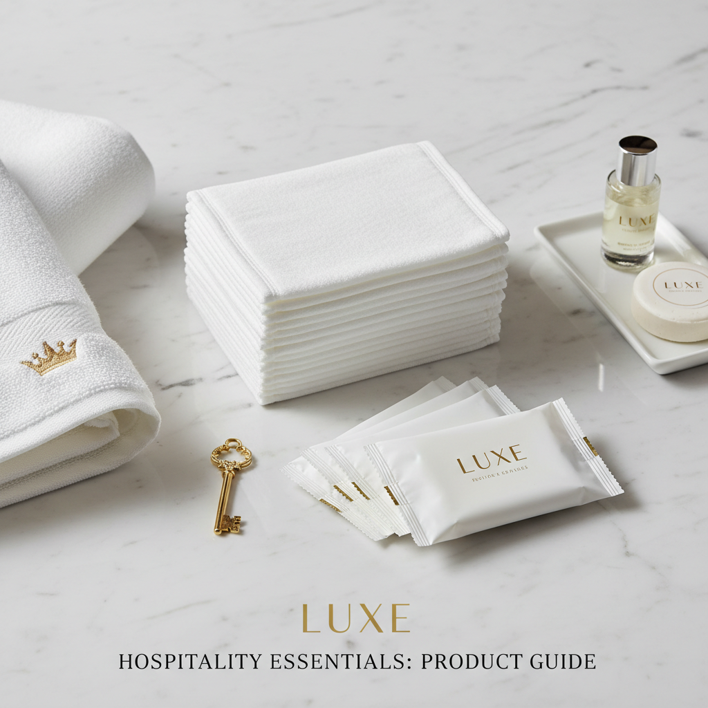 Lingettes pour hôtel en sachet individuel présentées avec le kit de produits d'accueil dans la salle de bain d'une chambre hôtelière