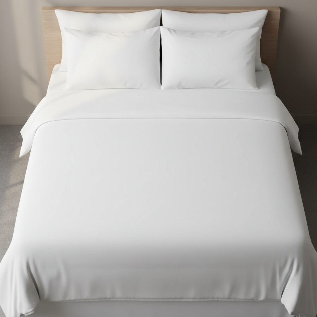 Microfibre hotel bed linen perfectly stretched on a hotel room bed with no visible creases