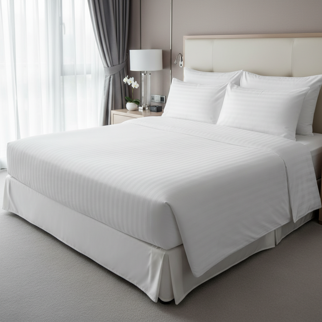 Mikrofaser-Bettlaken für Hotels perfekt gespannt auf einem Hotelbett ohne sichtbare Knitterfalten