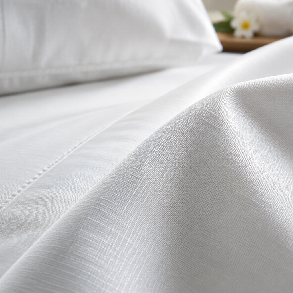 Sábanas de hotel blancas en algodón peinado con número de hilos 300 TC dobladas sobre cama de hotel cuatro estrellas con almohadas en funda de percal y presentación impecable