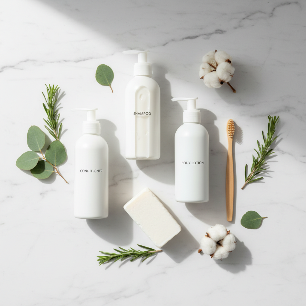 Nachhaltige Hotelkosmetik für Ferienwohnungen: nachfüllbarer Wandspender, Seife mit FSC-Papierverpackung und biologisch abbaubare Tücher
