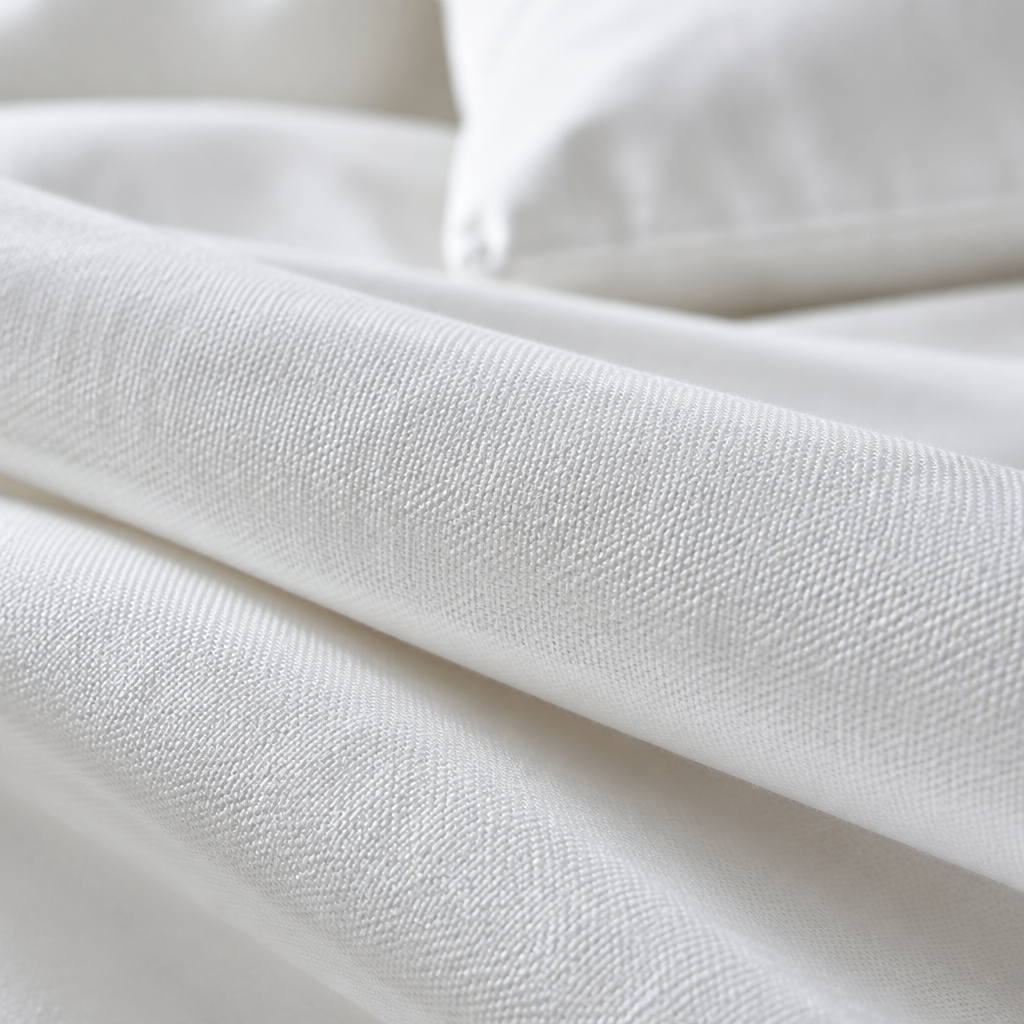 Draps d'hôtel blancs en coton peigné avec nombre de fils 300 TC pliés sur lit d'hôtel quatre étoiles avec oreillers en taie de percale et présentation impeccable