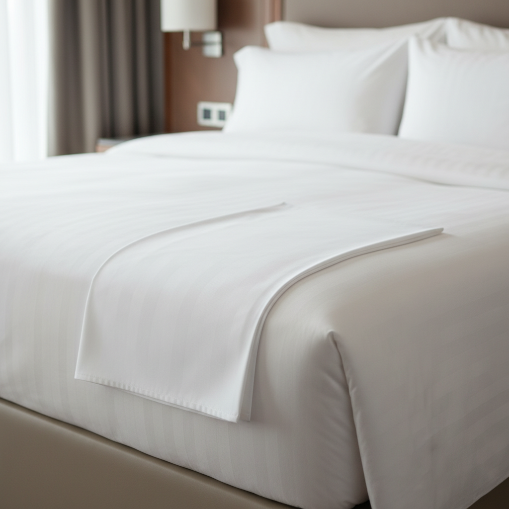 Weißes Perkal-Baumwoll-Oberbettlaken mit Hohlsaum-Stickerei auf dem Bett eines Kategoriehotelzimmers
