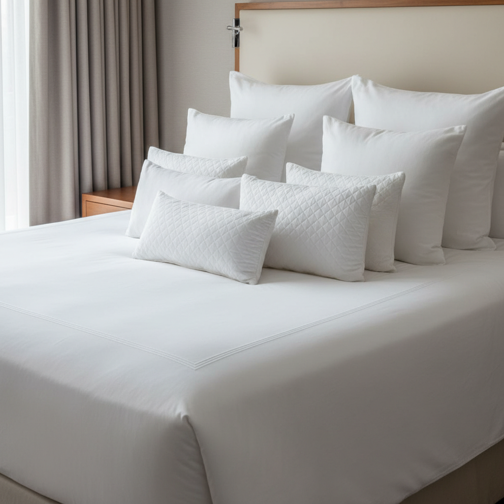 Oreillers pour hôtel de différentes fermetés présentés sur un lit de chambre hôtelière de catégorie avec taie blanche