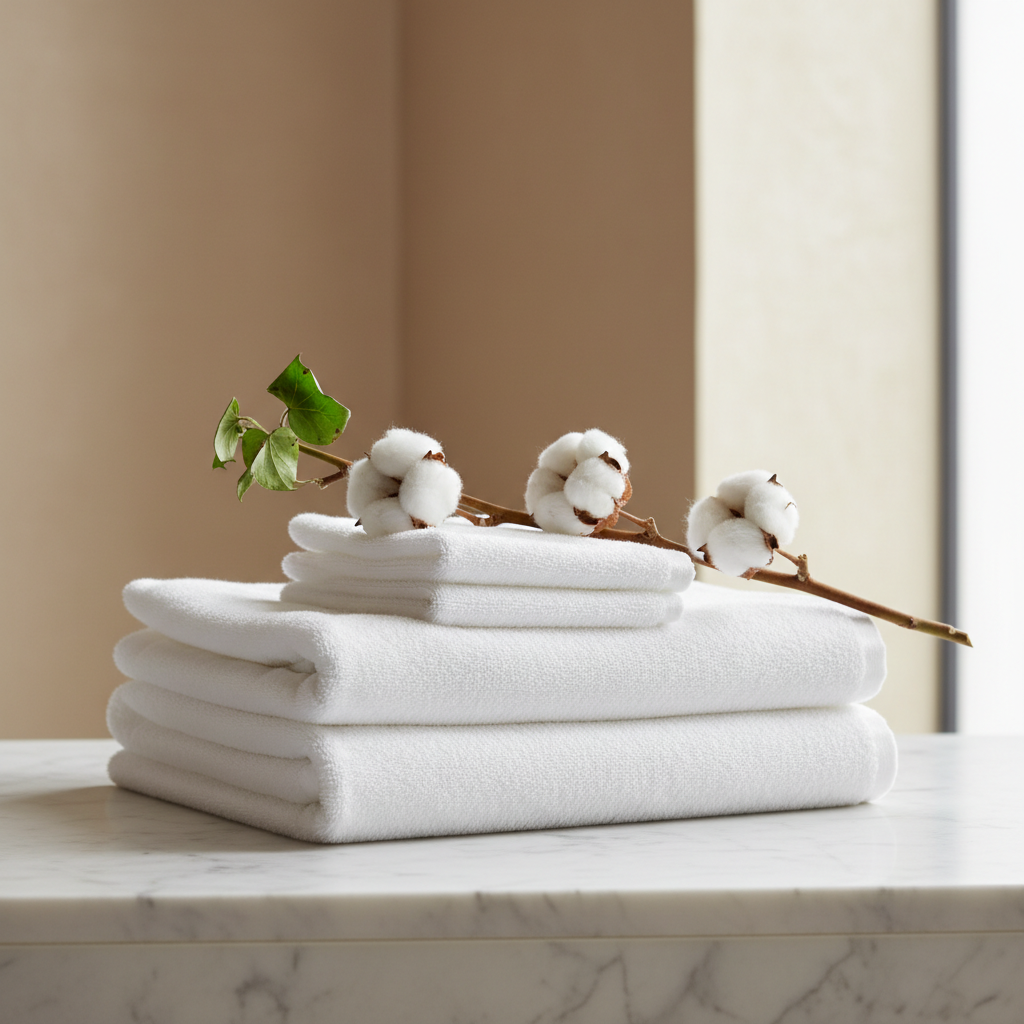 GOTS-certified organic cotton towels for hotels stacked in the bathroom of a sustainable hotel room
