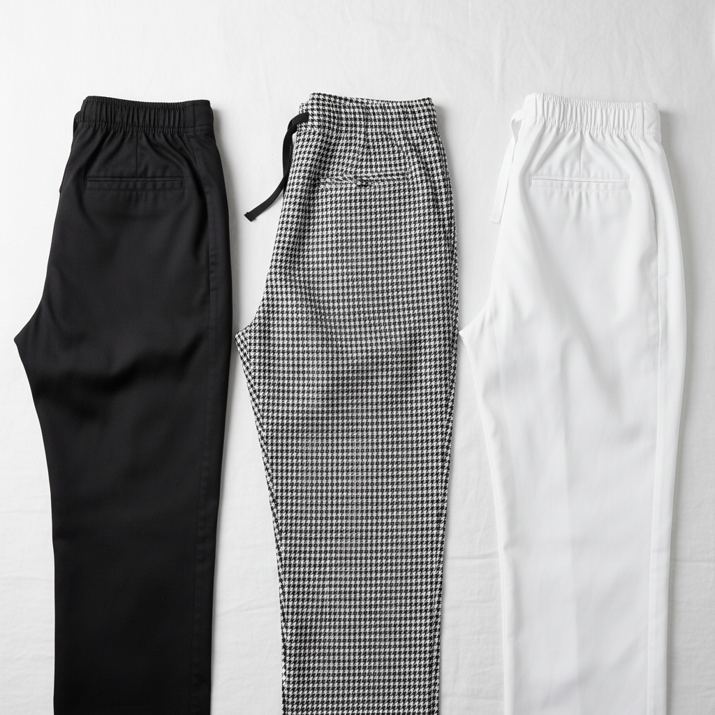  Cuisiniers professionnels en pantalons de cuisine à carreaux pied-de-poule dans la cuisine d'un hôtel pendant le service