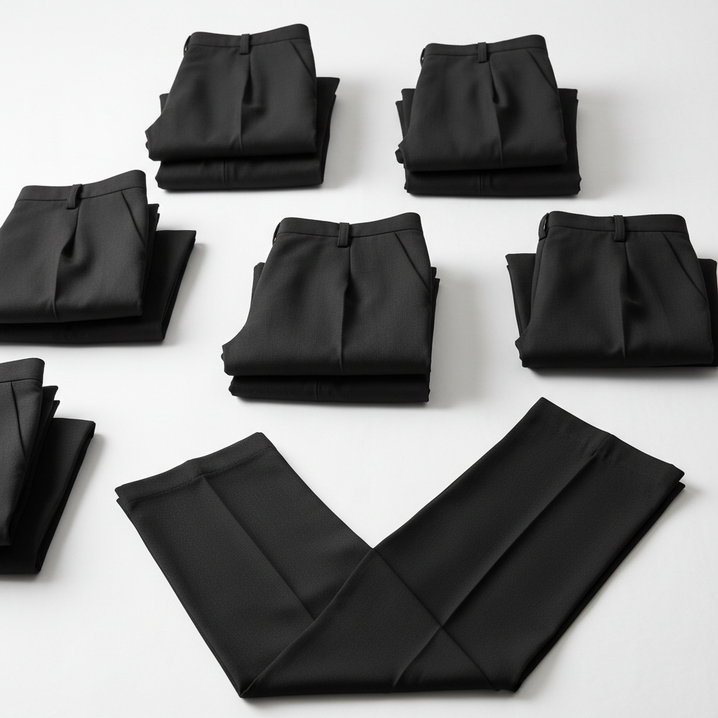 Camarero de hotel con pantalón negro de vestir clásico durante el servicio en sala de restaurante hotelero de categoría