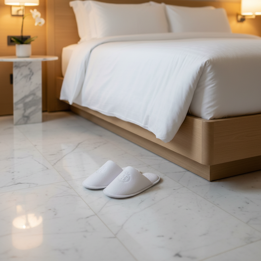 Paio di pantofole da hotel in spugna bianca su pavimento in marmo di camera alberghiera