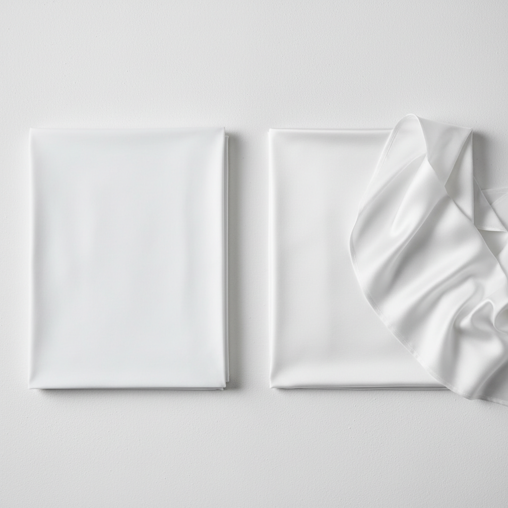 Comparison of hotel sheets in percale and sateen cotton: matt percale surface with crisp feel vs lustrous sateen surface with silky feel