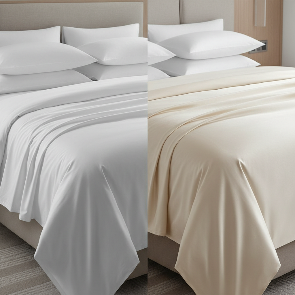 Vergleich von Hotelbettwäsche aus Perkal und Satin-Baumwolle: matte Perkaloberfläche mit knusprigem Griffgefühl vs glänzende Satinoberfläche mit seidigem Griffgefühl