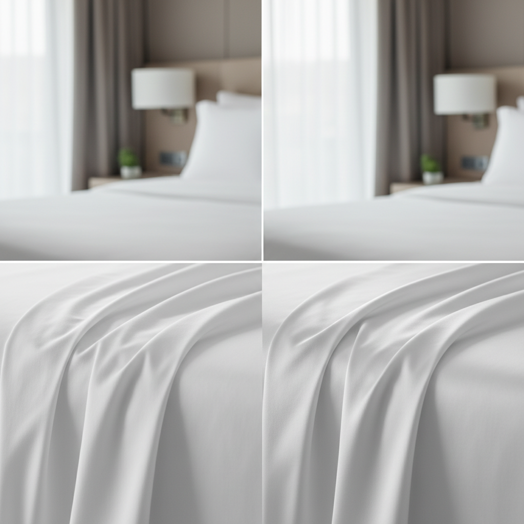 Comparatif de draps d'hôtel en percale et satin de coton : surface mate de la percale avec toucher croquant vs surface brillante du satin avec toucher soyeux