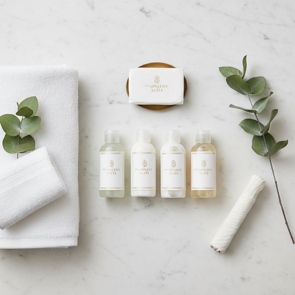 Personalised hotel toiletries set with hotel logo on marble washbasin in a luxury hotel room