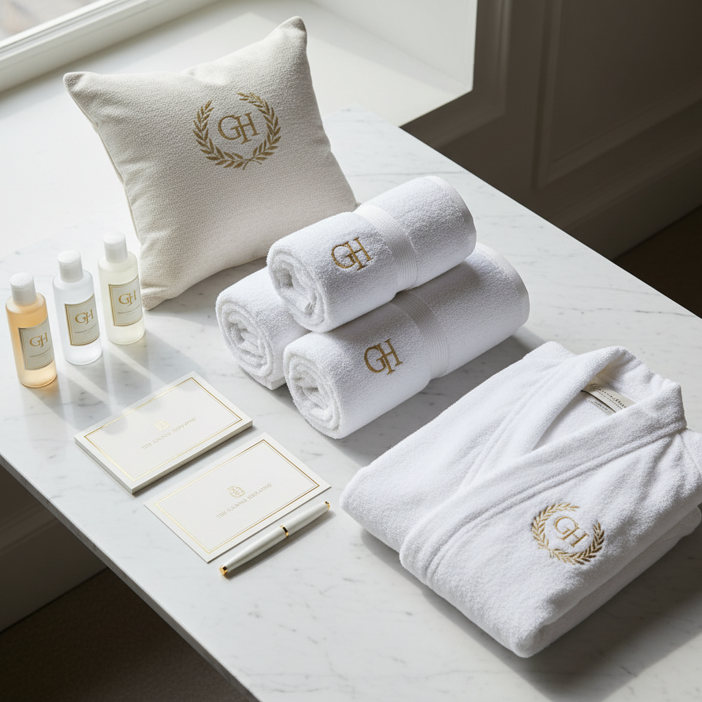 Personalisiertes Hotelausstattungs-Set mit Hotellogo auf Marmor-Waschtisch in luxuriösem Hotelzimmer
