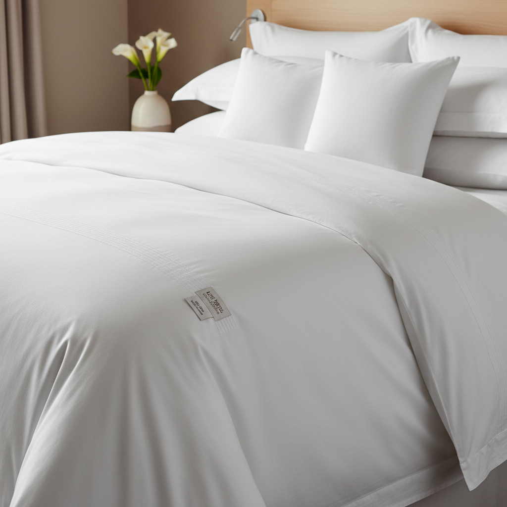 Letto d'hotel con piumone alberghiero bianco voluminoso e copripiumone perfettamente posizionato in una camera d'hotel