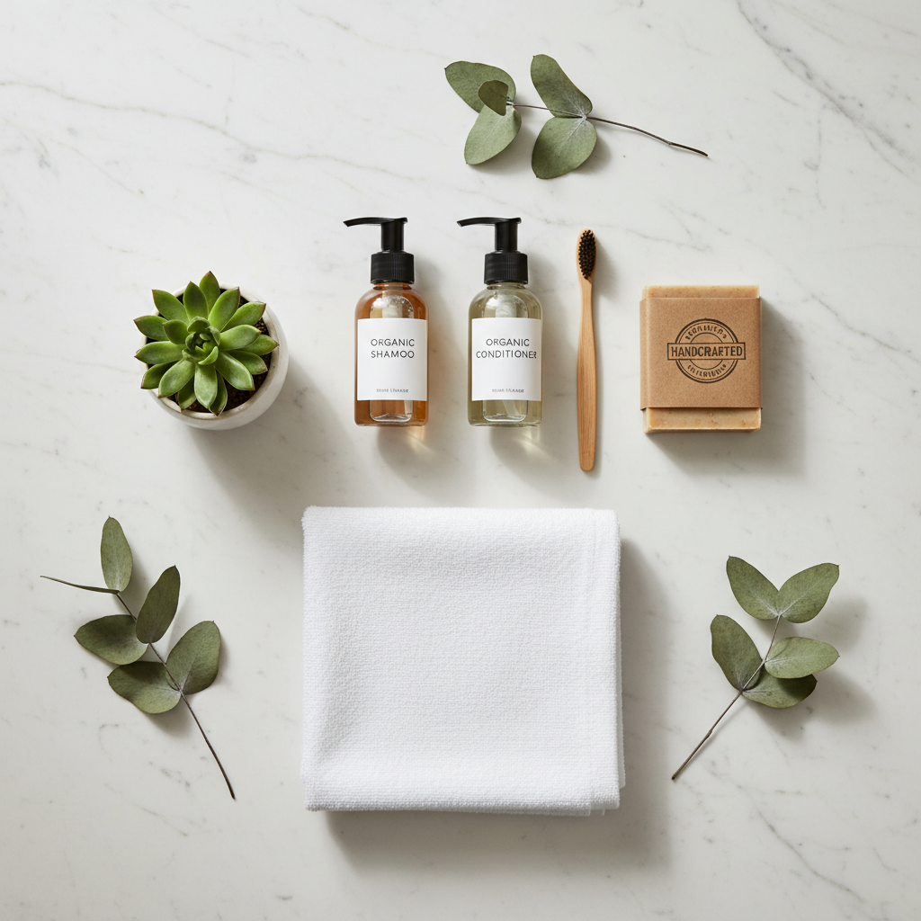 Produits d'accueil écologiques pour hôtel en emballage papier recyclé et bambou sur surface de salle de bain hôtelière durable