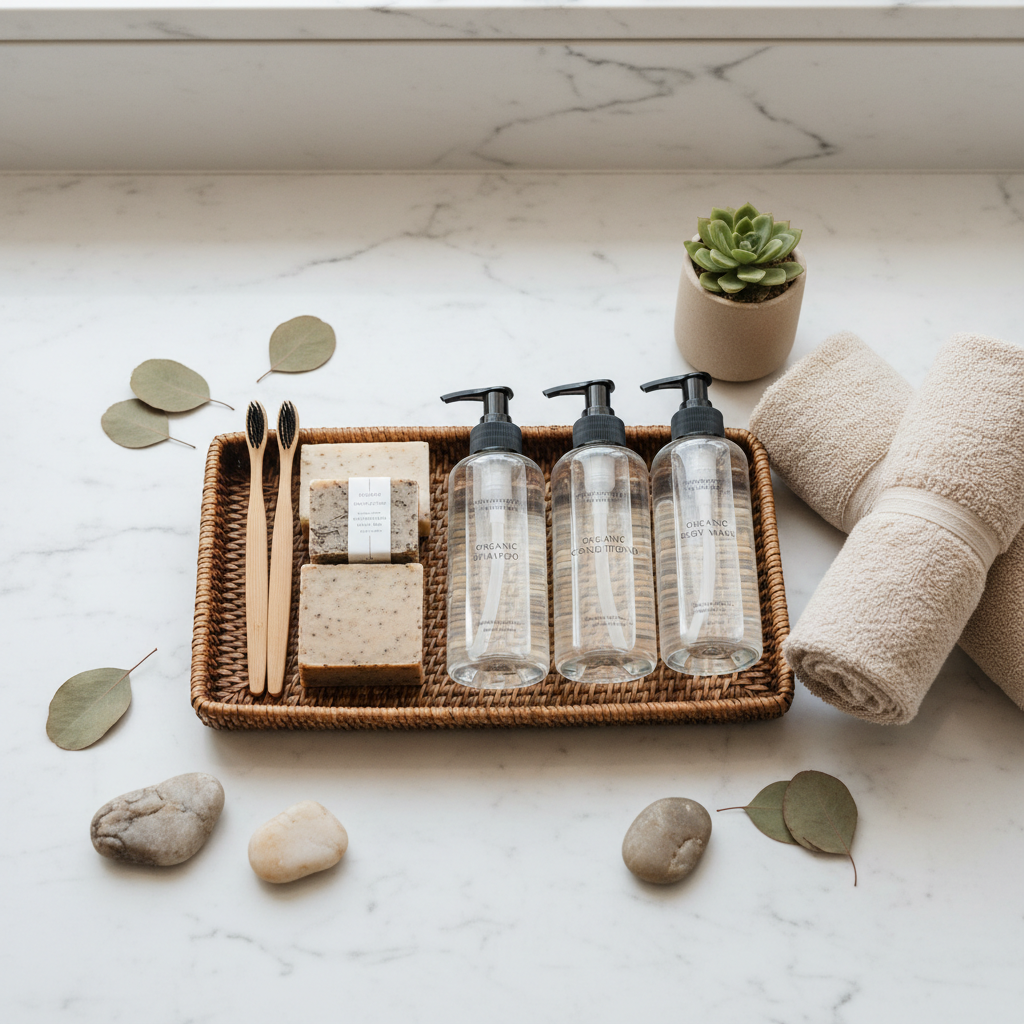 Produits d'accueil écologiques pour location de vacances : distributeur mural rechargeable, savon en pain avec emballage papier FSC et lingettes biodégradables
