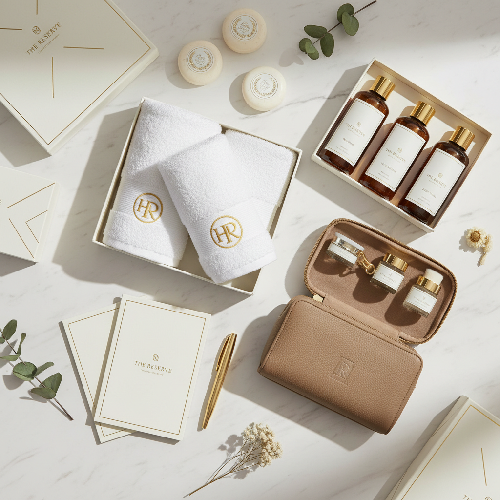 Kit de produits d'accueil personnalisés pour hôtel avec logo de l'établissement sur lavabo en marbre dans une chambre hôtelière de luxe