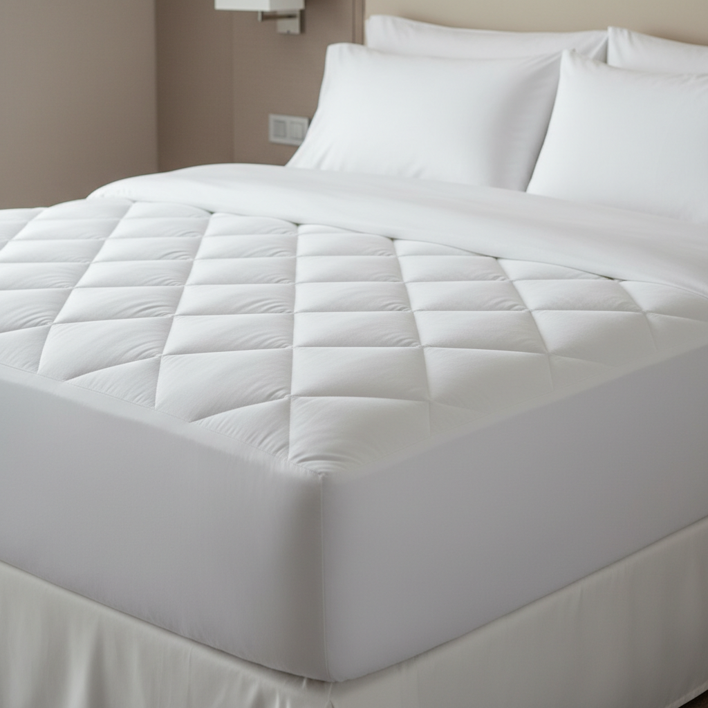 Protège-matelas imperméable pour hôtel installé sur le matelas d'une chambre hôtelière avec drap-housse blanc