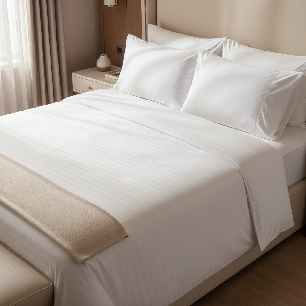 Protector de almohada impermeable para hotel sobre almohada de cama hotelera con funda blanca perfectamente colocada