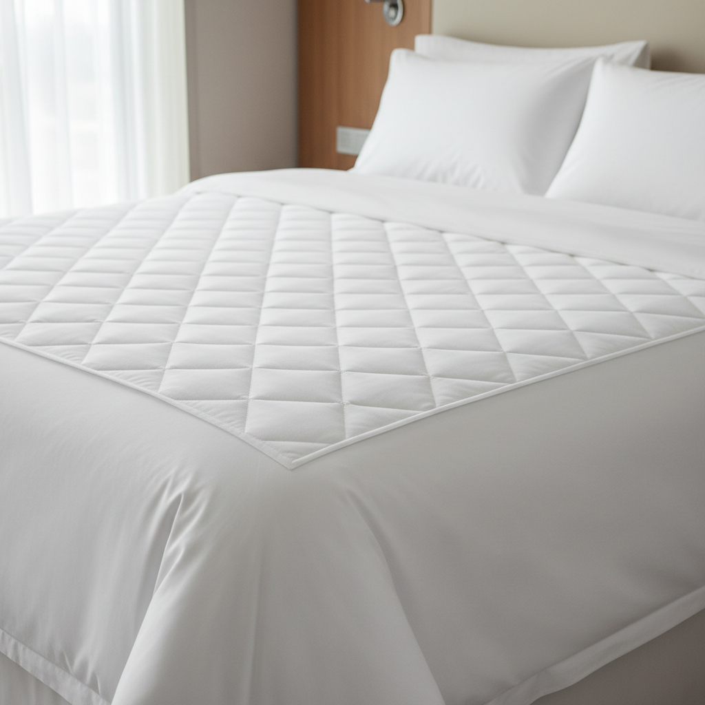Protector de colchón impermeable para hotel instalado sobre colchón de habitación hotelera con sábana bajera blanca