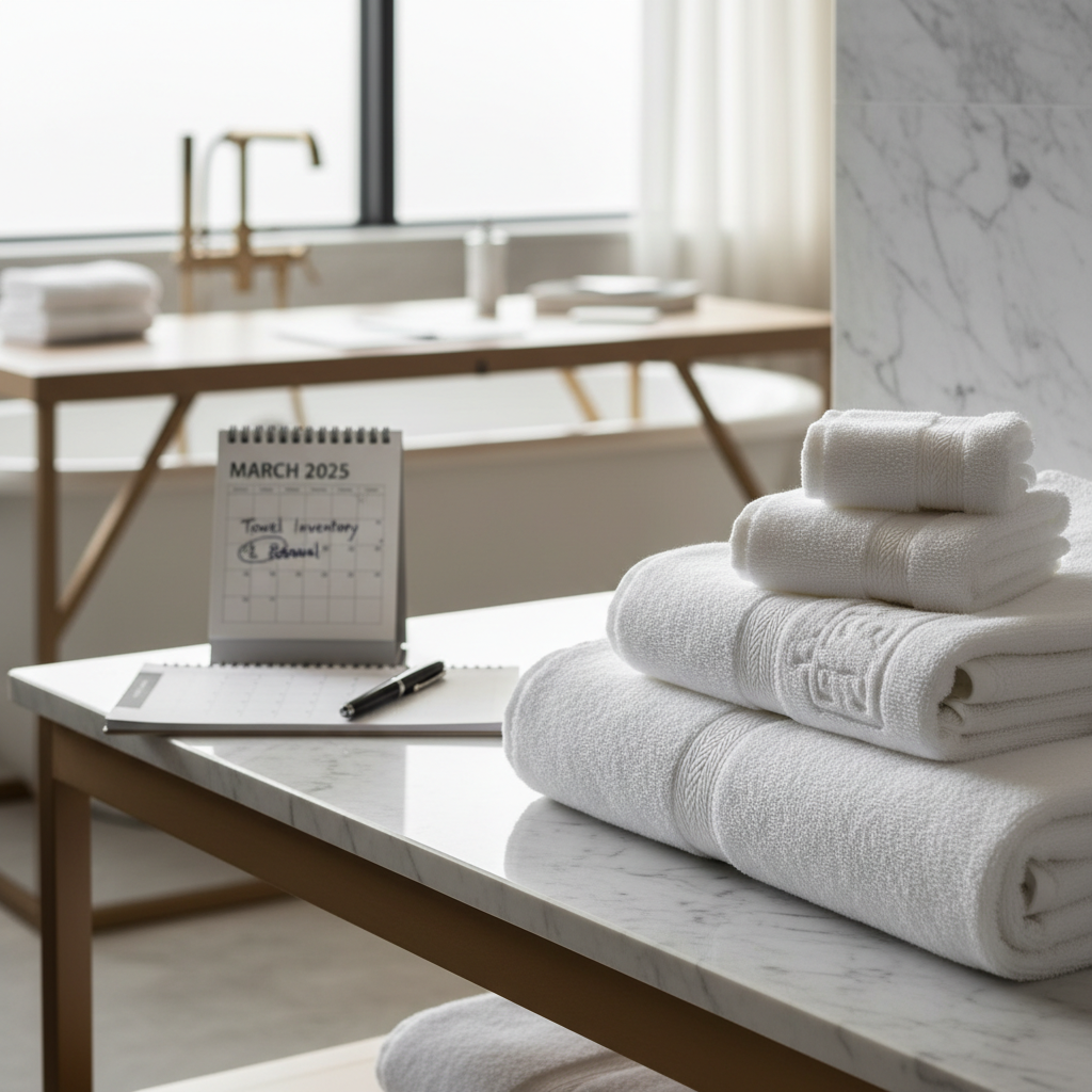 Revisione delle scorte di asciugamani hotel in lavanderia professionale per determinare quali rinnovare e quali ritirare