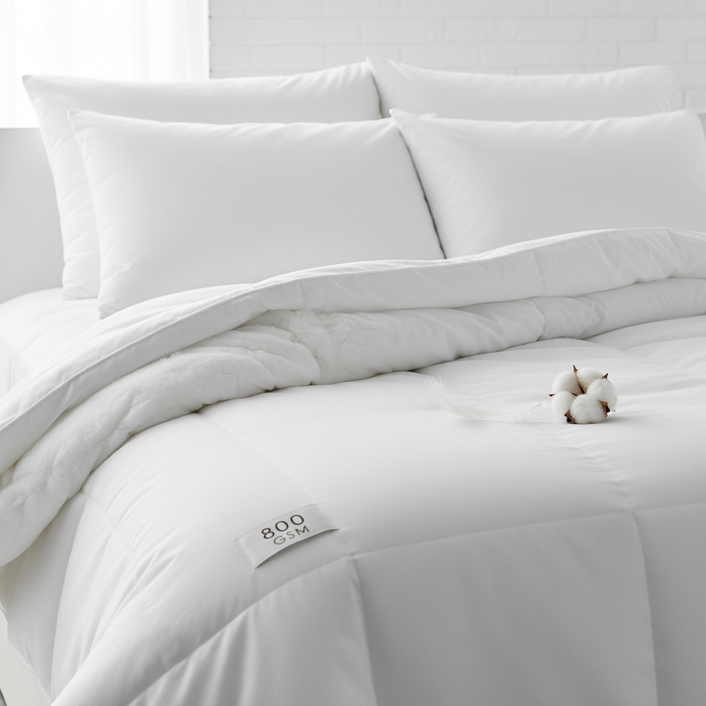  Cama de hotel con relleno nórdico blanco voluminoso y funda nórdica perfectamente colocada en habitación hotelera