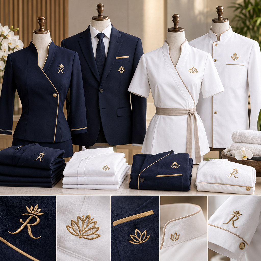 Divise alberghiere personalizzate con ricamo: camicia da ricevimento con logo ricamato sul petto sinistro e polo da ristorazione con ricamo di reparto in un laboratorio di personalizzazione tessile