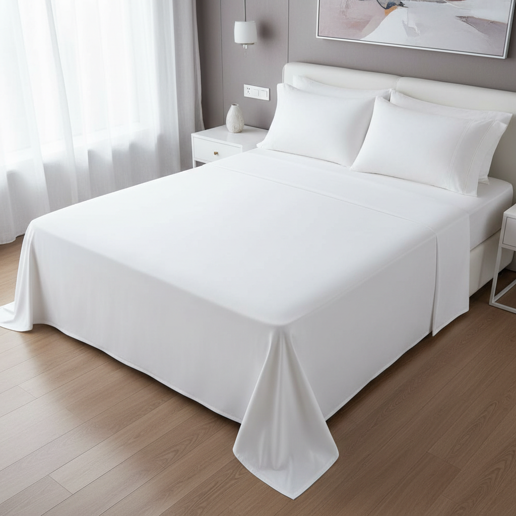 Sábana bajera de hotel en percal de algodón blanco con goma perimetral completa y bolsillo profundo de 40 cm ajustada sobre colchón hotelero con topper