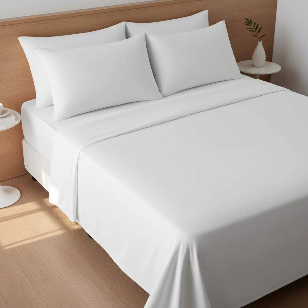 Sábanas de microfibra para hotel perfectamente estiradas en cama de habitación hotelera sin arrugas visibles
