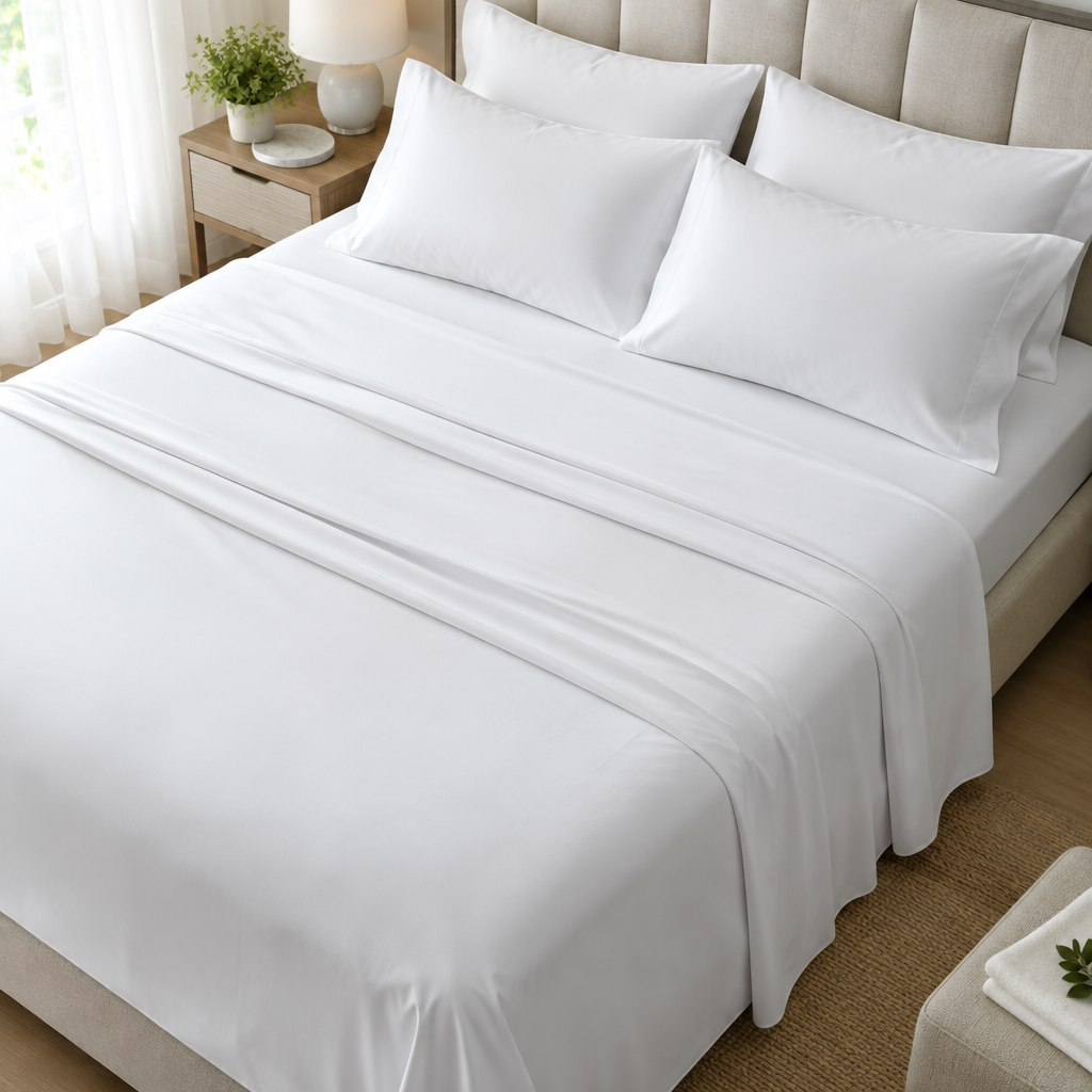 Sábanas de microfibra para hotel perfectamente estiradas en cama de habitación hotelera sin arrugas visibles