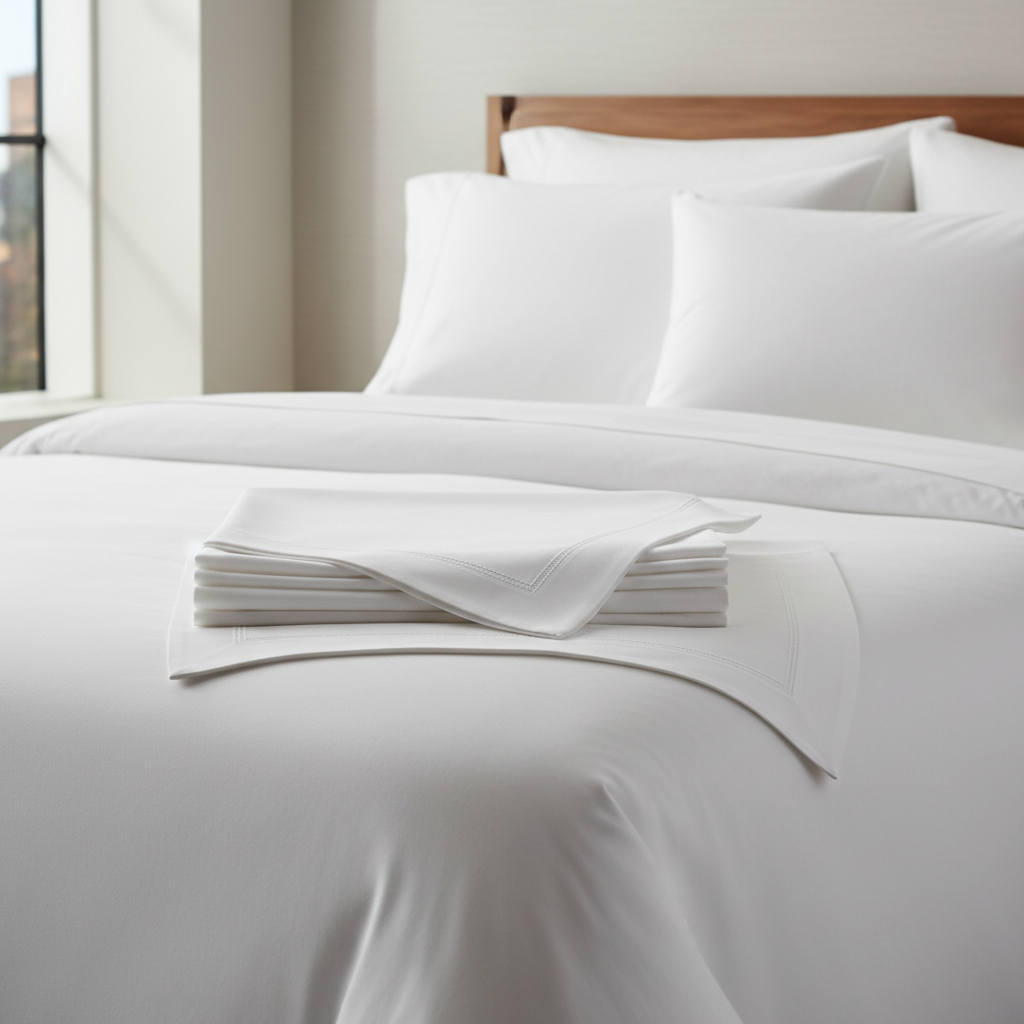 Sábana encimera de hotel en percal de algodón blanco con dobladillo de vainica sobre cama de habitación hotelera de categoría