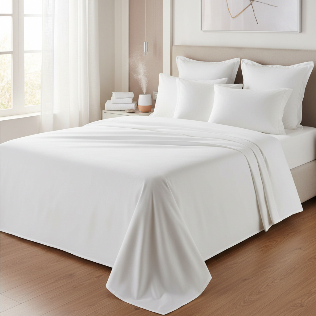 Cama de apartamento turístico con sábanas blancas bien colocadas y diseño moderno en alquiler vacacional