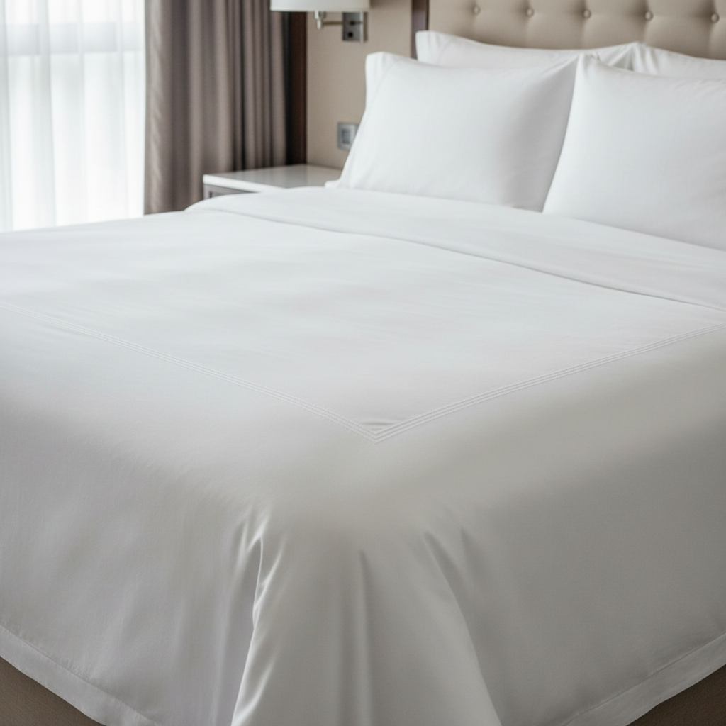 Cama de hotel de cinco estrellas con sábanas de algodón egipcio blancas perfectamente planchadas y almohadas de lujo