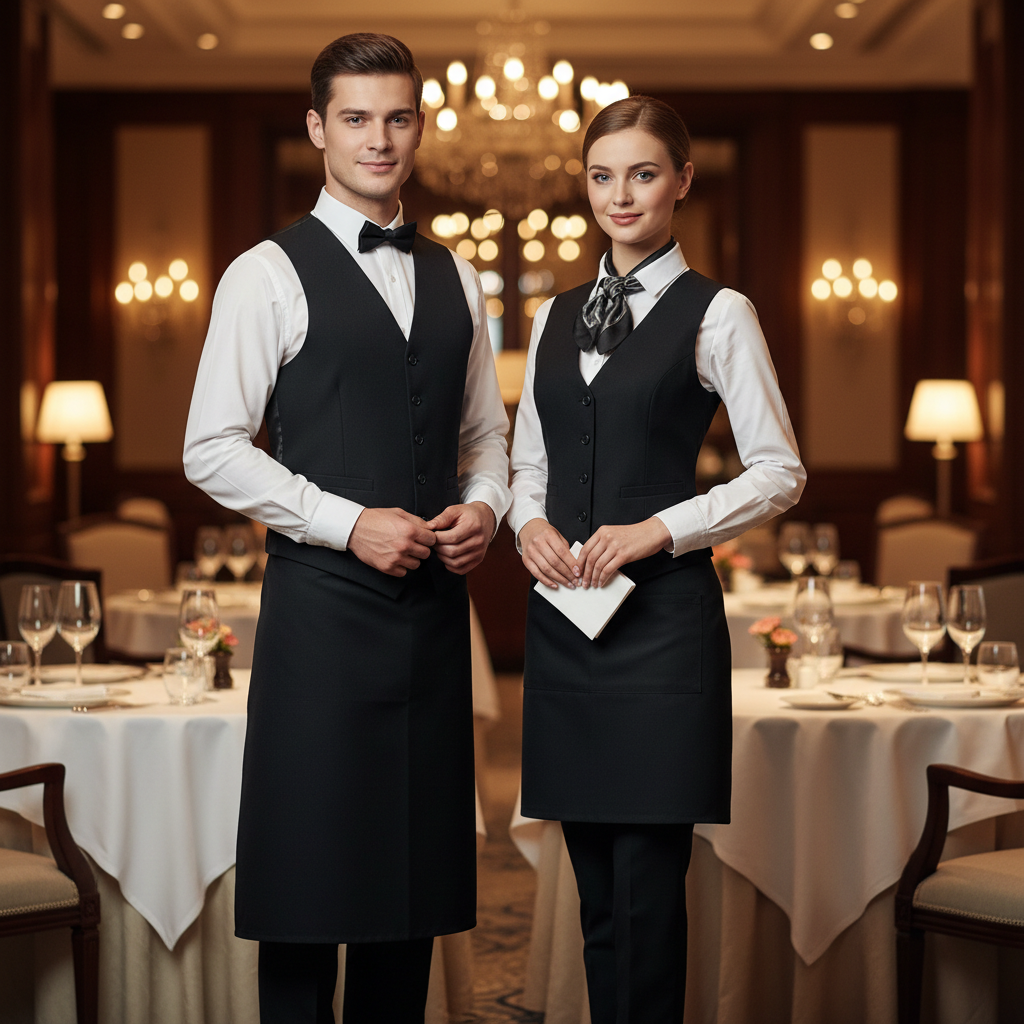 Saalteam eines Hotelrestaurants in koordinierter Uniform: weißes Hemd, schwarze Weste und Hüftschürze während des Service