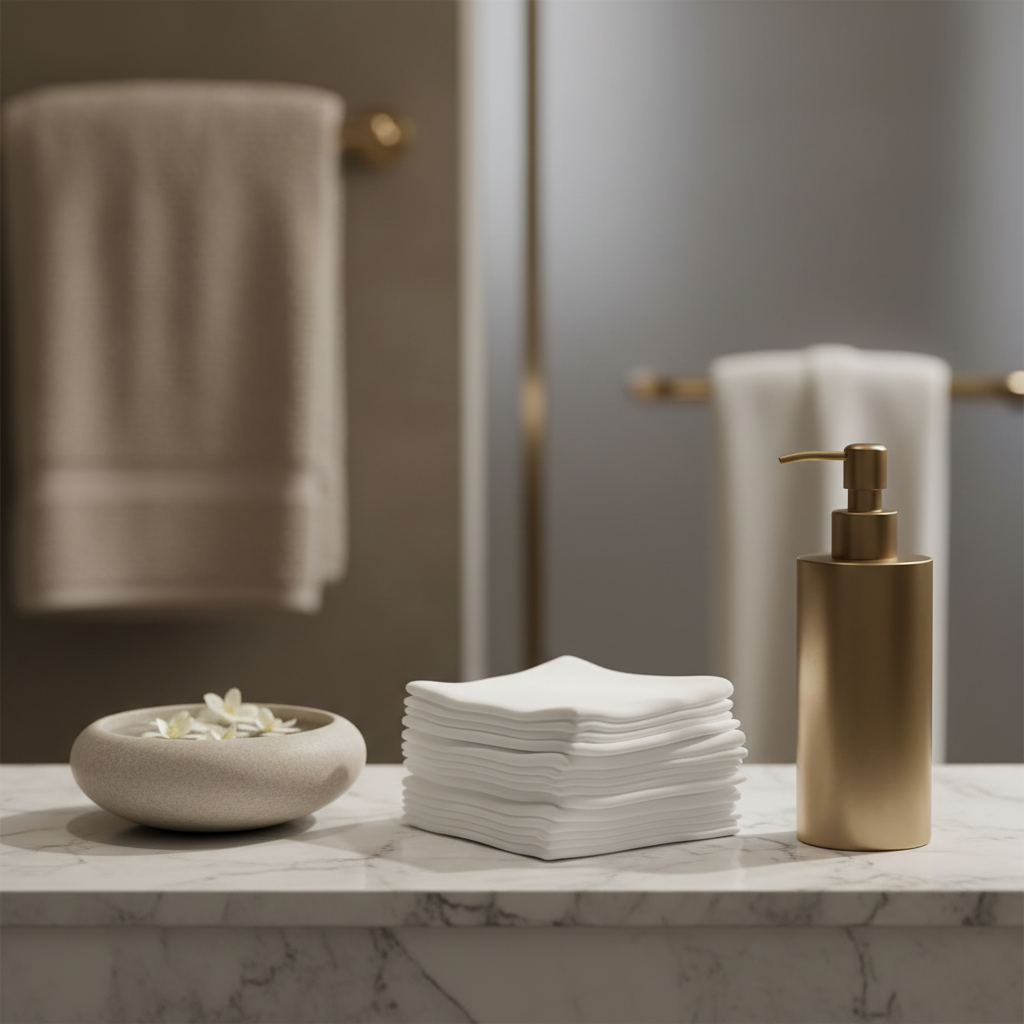 Salviette struccanti per hotel in bustina individuale presentate nel bagno di una camera d'hotel accanto al resto del kit di dotazioni