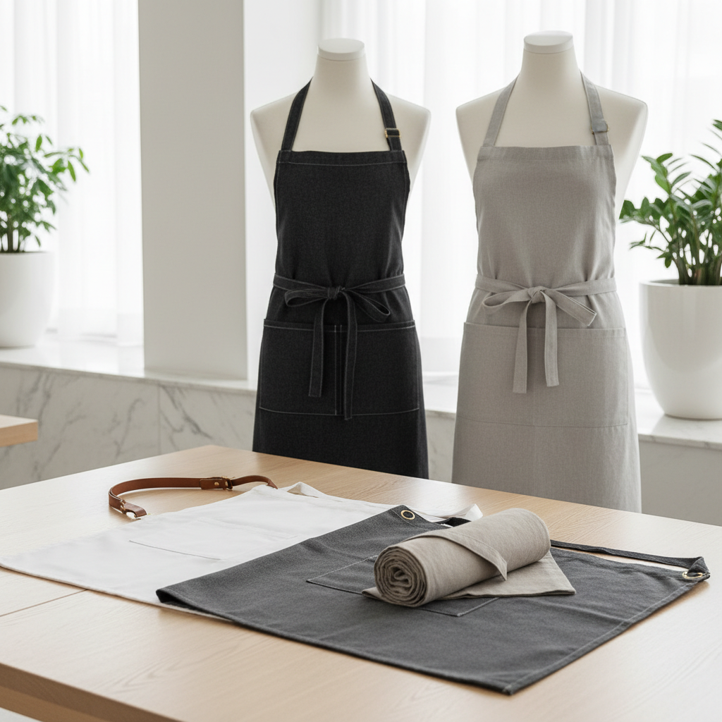 Professionelle Schürzen für Hotellerie und Gastronomie aus schwarzer Baumwolle für Saalkellner und Koch in einem Hotelrestaurant