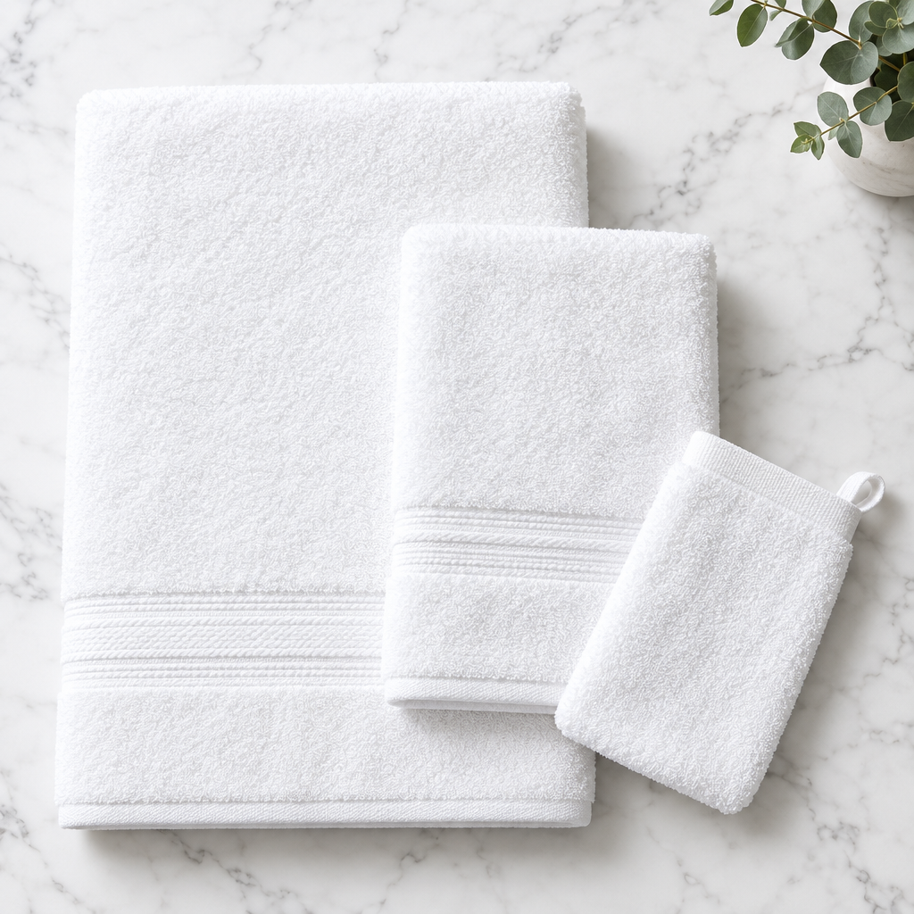 Set complet de serviettes hôtelières blanches : serviette de bain 70x150 cm, serviette de toilette 50x90 cm et gant de toilette 30x30 cm pliés en jeu sur plan de travail en marbre dans salle de bain d'hôtel quatre étoiles