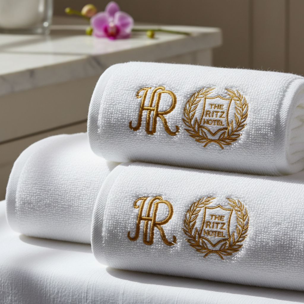 Serviettes brodées hôtel blanches avec logo brodé en relief sur porte-serviettes en bois dans une salle de bain hôtelière de luxe