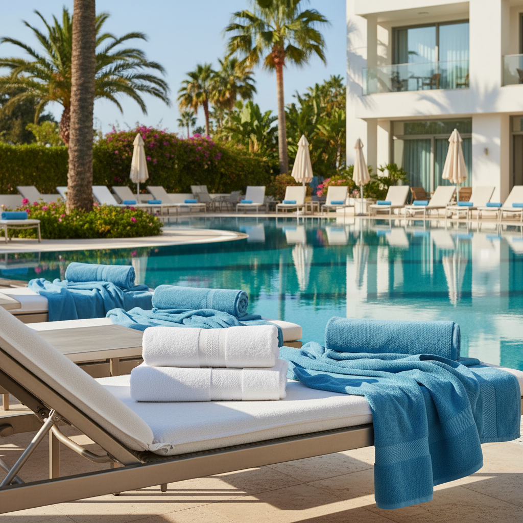 Serviettes de piscine d'hôtel blanches et rayées empilées dans la zone de piscine extérieure d'un établissement hôtelier