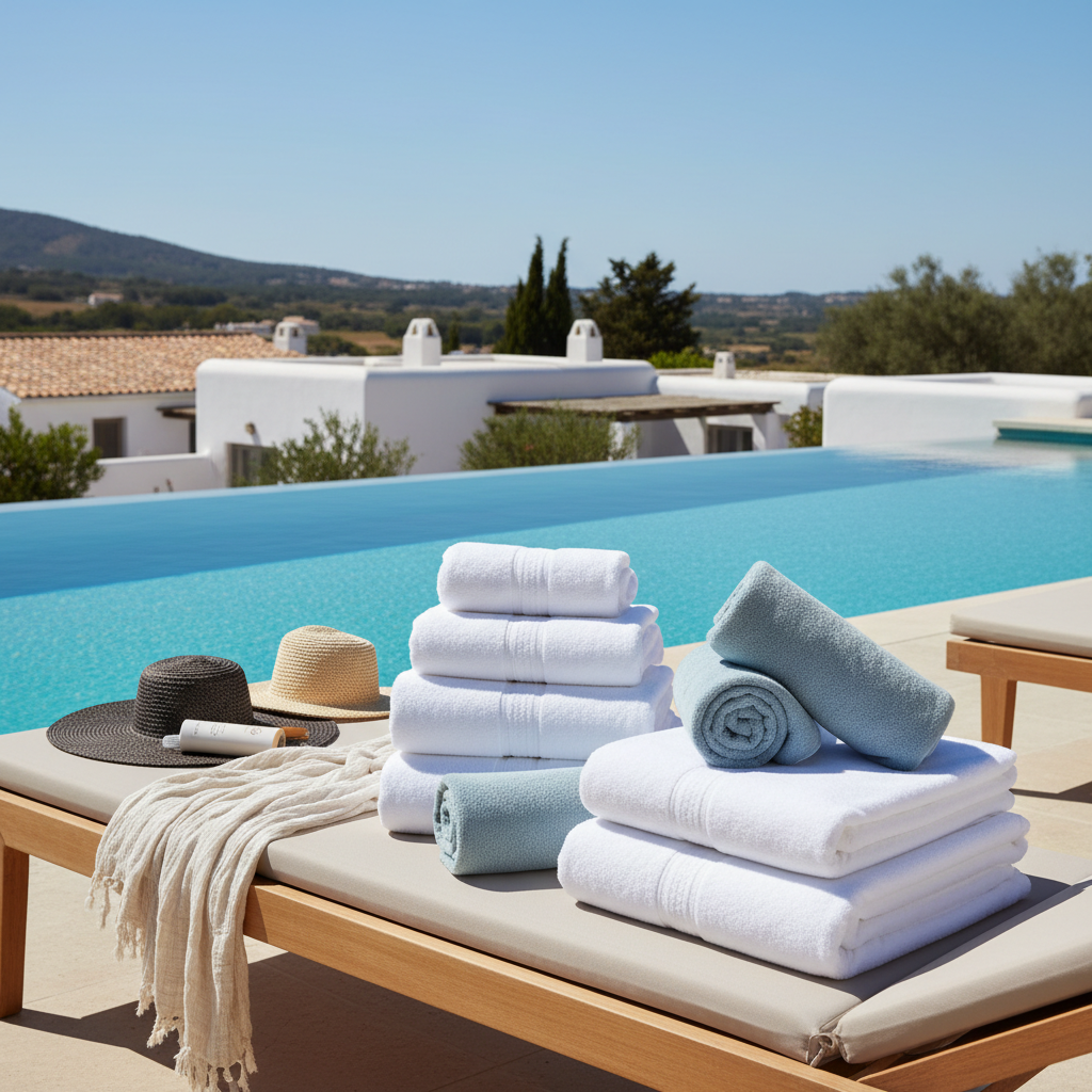 Serviettes de piscine pour location de vacances en coton empilées à côté d'une piscine privée d'appartement de vacances avec transat