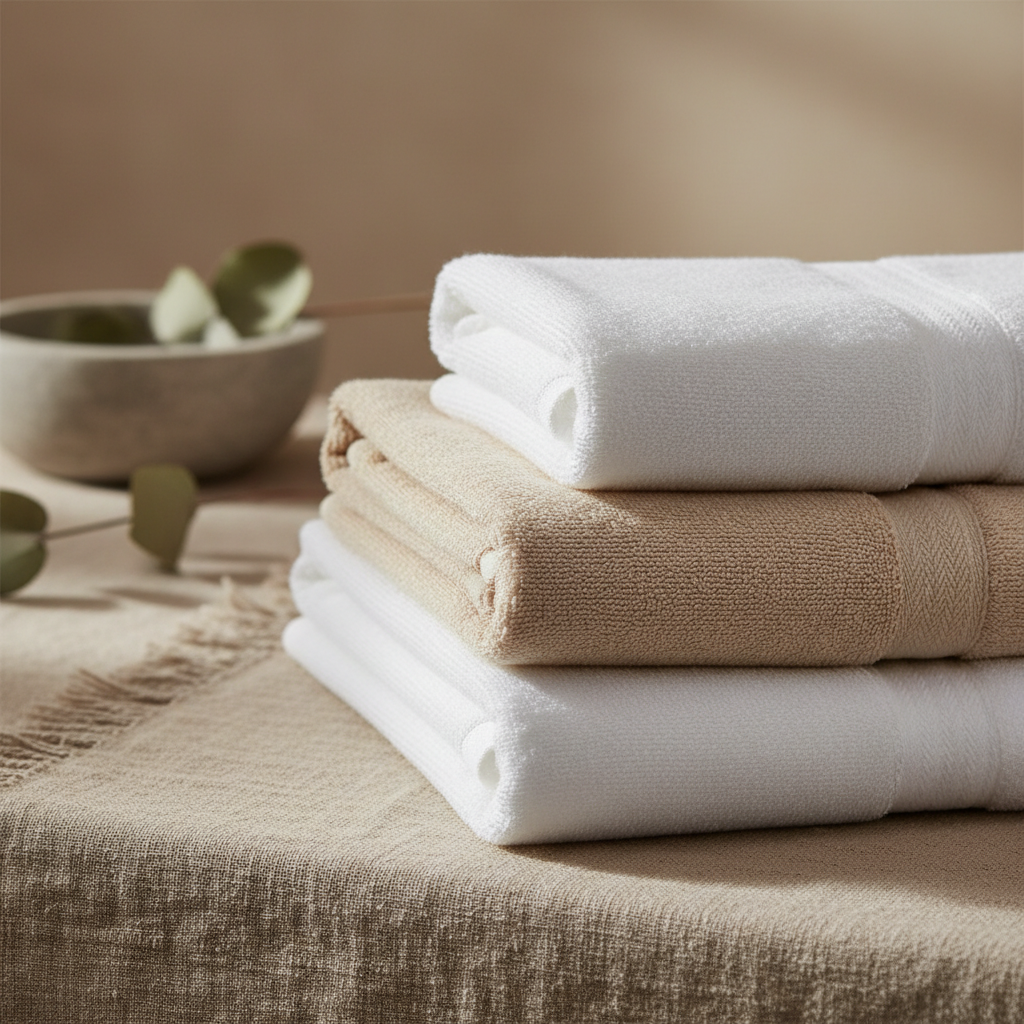Serviettes en coton bio certifié GOTS pour hôtel empilées dans la salle de bain d'une chambre hôtelière durable
