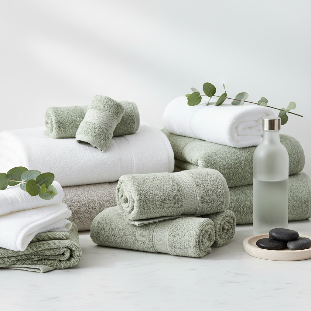 Serviettes microfibre pour salle de sport et spa en plusieurs formats empilées dans un vestiaire de centre sportif professionnel
