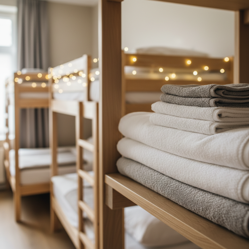 Serviettes pour auberge de jeunesse en coton empilées à la réception avec système de prêt ou caution
