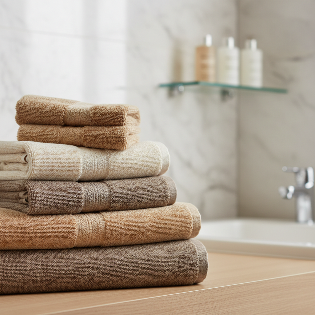 Serviettes velours éponge pour hôtel empilées dans la salle de bain d'une chambre hôtelière de design contemporain avec face unie visible